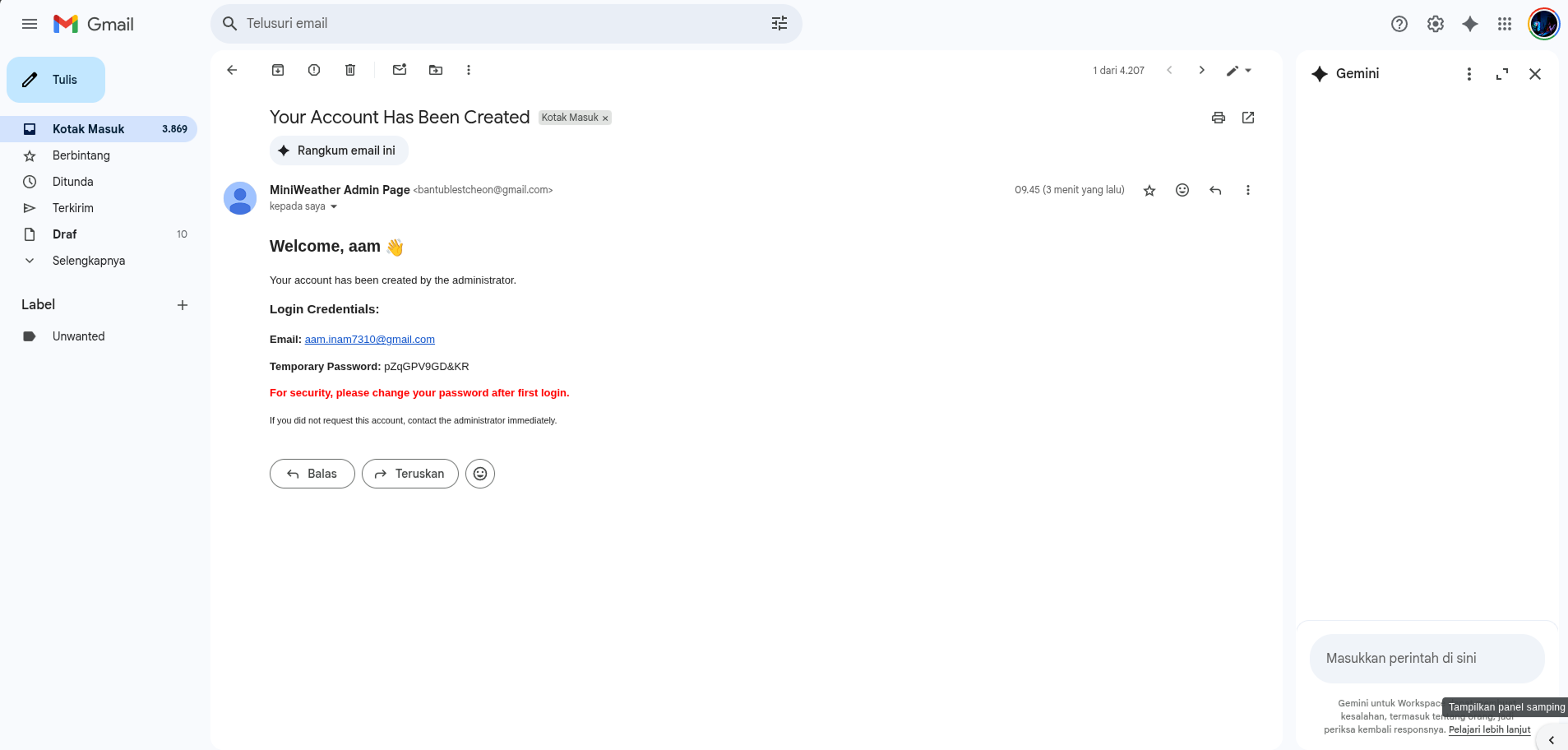 Email Berisi Kredensial