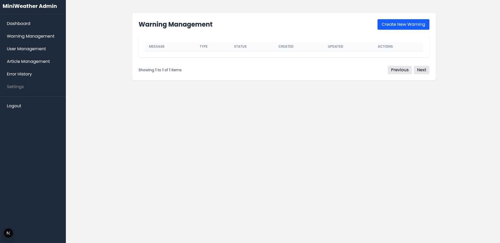 Halaman Warning Management